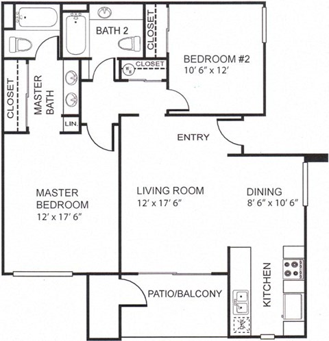 Floor plan for 2 beds, 2 baths, 1006 sqft